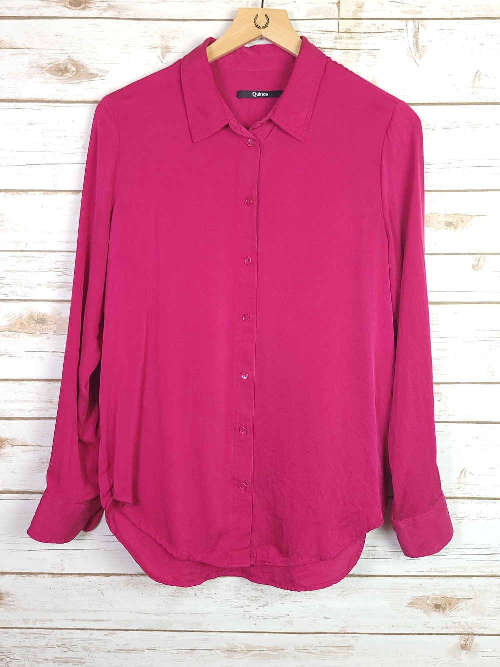 Quince Magenta Button-Down Blouse Silk Long Sleeve Large